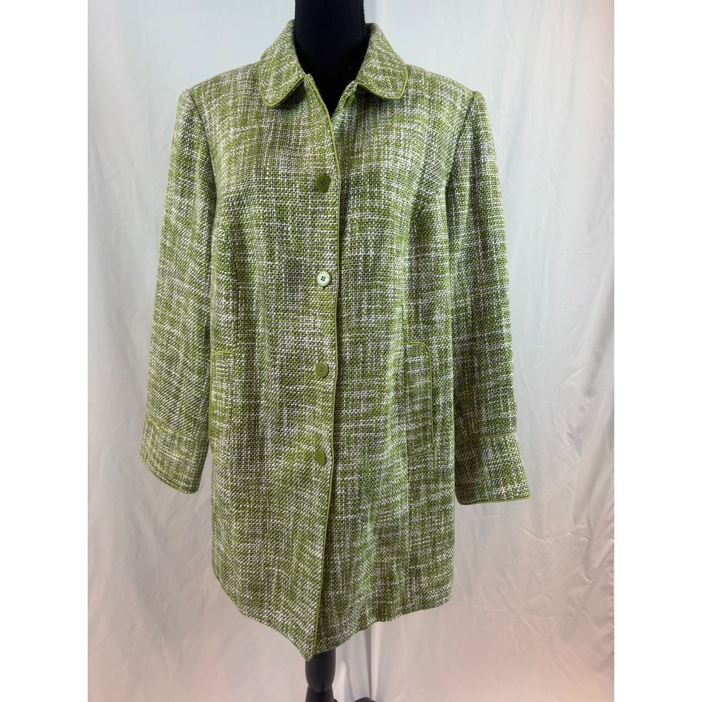 Dialogue Green White Tweed Car Coat Button Front Martingale Back Jacket Womens‎